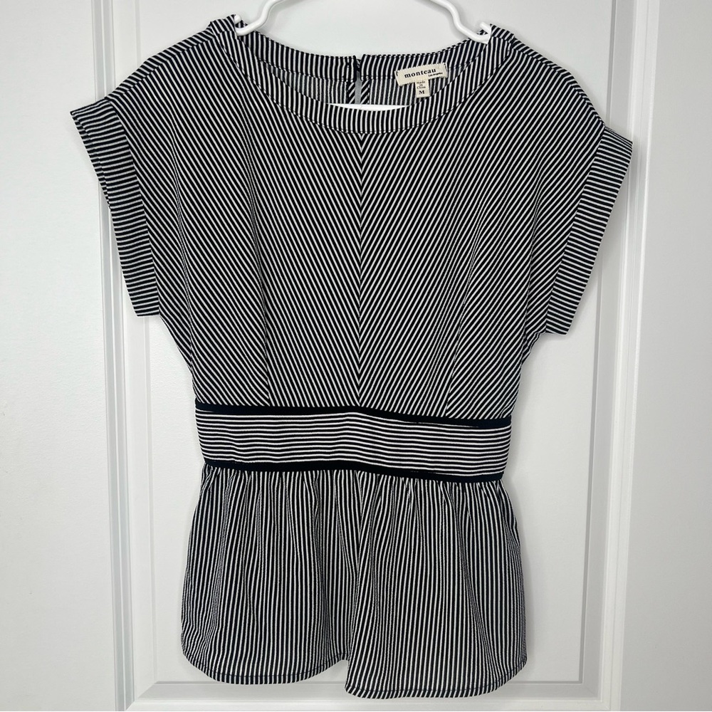 Monteau Black and White Striped Blouse Size Medium Smocked Back Capped Sleeve